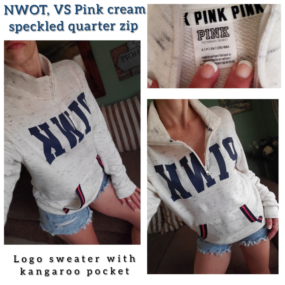 NWOT, VS pink speckled quarter zip logo sweater
